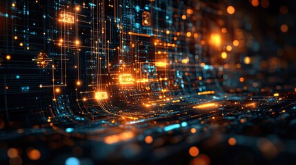 A digital technology network concept featuring an information technology background with infographic elements and flat icons for communication.