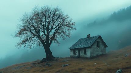 An old house in natural view.big mountain.An isolated mountain hut in the foggy forest.