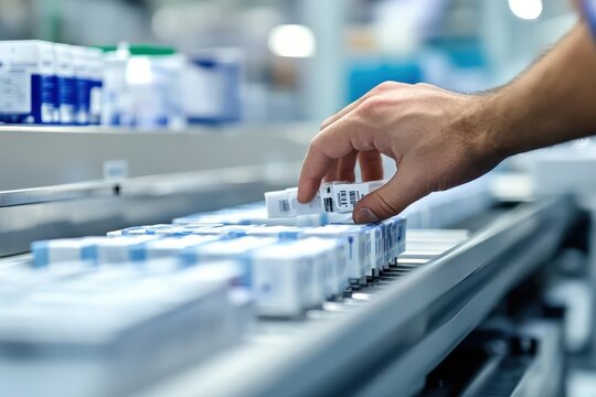 A hand selects a medication box from a conveyor belt in a pharmaceutical setting.