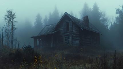 Obraz premium An old house in natural view.big mountain.An isolated mountain hut in the foggy forest.