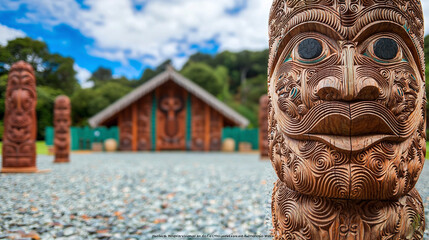 a Maori marae (meeting grounds) with intricate wood carvings