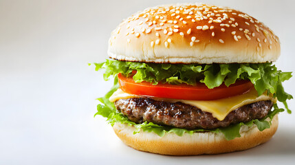 Delicious burger with grilled patty, fresh lettuce, ripe tomatoes, melted cheese in sesame seed bun, ideal for promotional use with ample space.