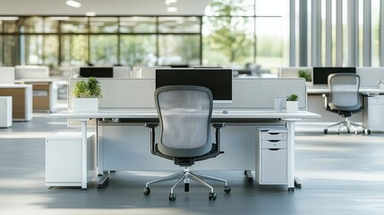 The modern open-plan office exhibits a minimalist aesthetic, characterized by clean lines and an organized layout. Rows of individual workstations, each equipped with a computer and ergonomic chair