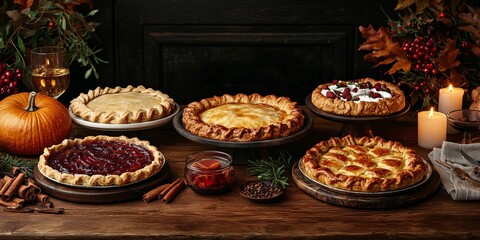 Variety of delicious pies on a rustic wooden table.