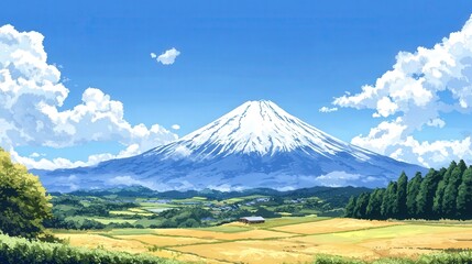 scenic view of Mount Fuji from a distance, showing the mountain rising majestically above rolling hills and farmland.