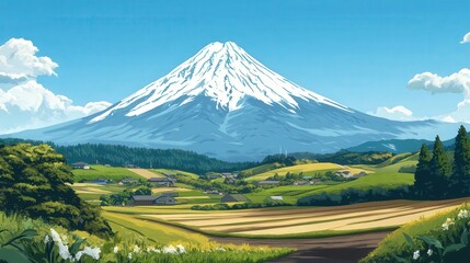 Fototapeta premium scenic view of Mount Fuji from a distance, showing the mountain rising majestically above rolling hills and farmland.