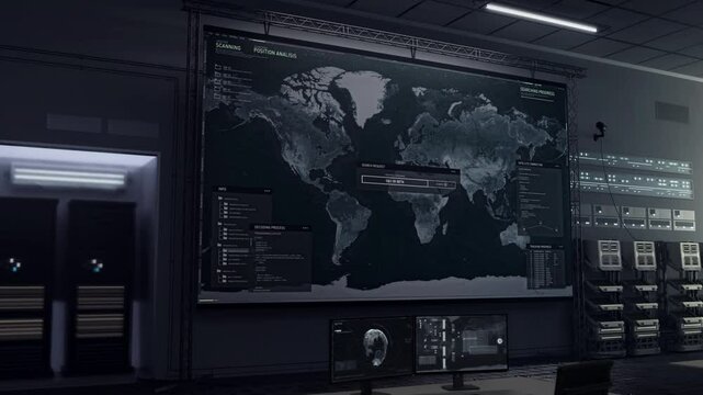 Military satellite scanning technology searching for the target location. Satellite scanning the digital earth map to find the location coordinates. Satellite scanner detecting the location in the USA