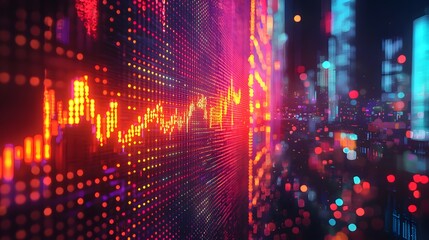 Fototapeta premium Colorful digital stock market graph with glowing lights in an urban setting.