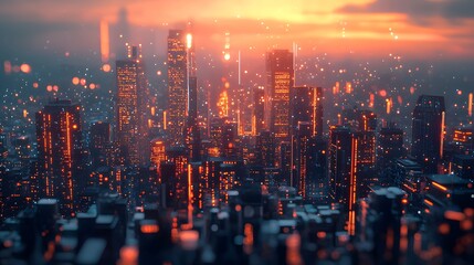 Futuristic cityscape illuminated by vibrant orange lights at dusk.