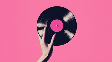 This modern collage depicts a female hand holding a vintage record against a pink backdrop, evoking themes of youth culture, retro aesthetics, and technological evolution. 