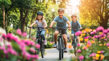 Obraz premium Family biking in a park surrounded by colorful flowers.