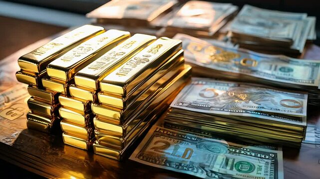 There are Stacks of Gold Bars and Cash Positioned on a Table Nearby