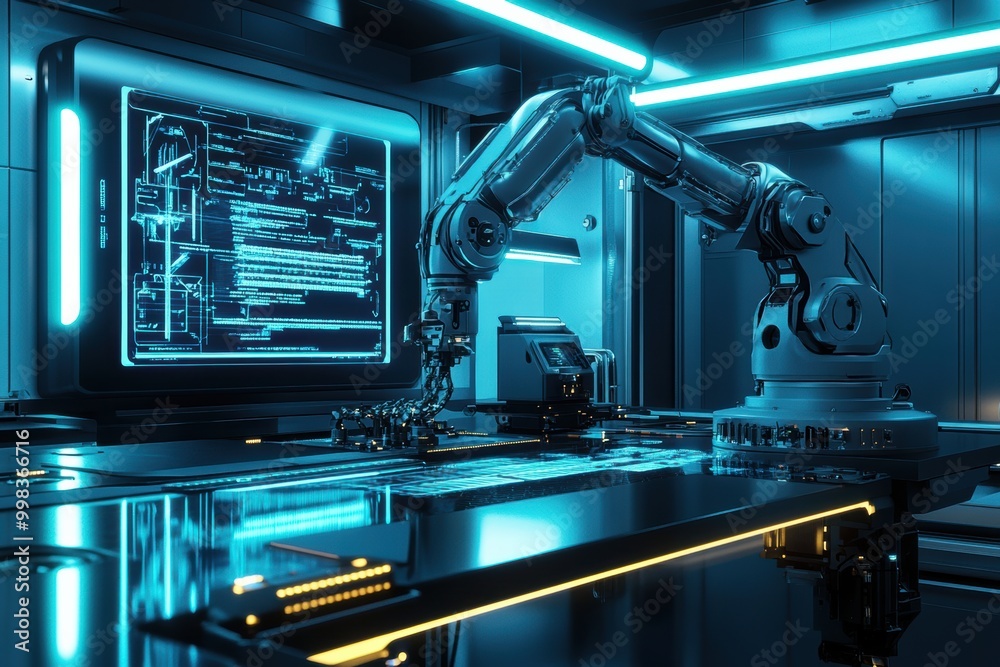 Poster In a sleek, modern lab, a robotic arm meticulously assembles intricate machinery while holograms illuminate the workspace. Generative AI