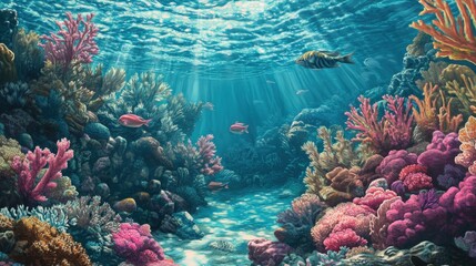 Naklejka premium tranquil underwater environment where a school of fish swims near a submerged coral garden.