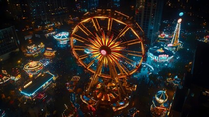 A vibrant night fair scene featuring a majestic ferris wheel and colorful lights.