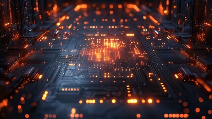 Obraz premium A futuristic double circuit board highlights progressive IT technologies with digital data flow and big data visualization in a 3D rendering.