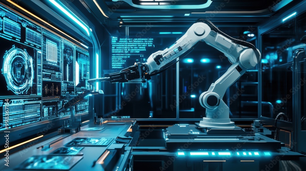 Poster In a sleek lab, a robotic arm expertly assembles complex machinery while interacting with glowing holographic displays. Generative AI