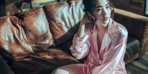 Obraz premium A woman in a pink dress is sitting on a brown couch. She is wearing earrings and has her hair in a ponytail. Concept of relaxation and comfort