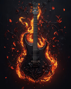 Fiery Music Theme with Electric Guitar and Artistic Leaves