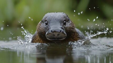 Naklejka premium A curious otter emerges from the water, droplets glistening around its face.