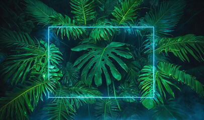 A vibrant jungle scene with lush green a tropical leaves, Green neon rectangle. The glowing colors create a surreal, dream-like atmosphere in the dense foliage.