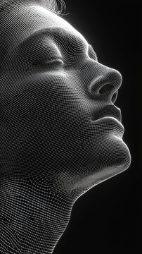 A monochromatic depiction of a human face in profile, illustrated with intricate black and white wireframe mesh patterns, symbolizing the intersection of art and technology.