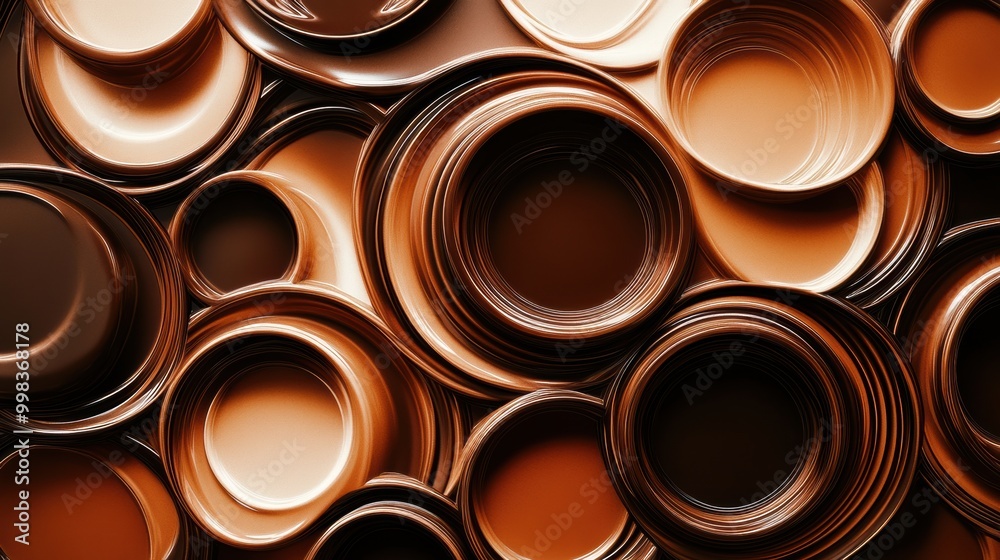 Aufkleber Overlapping coffee cup rings form a dynamic abstract pattern, displaying a range of rich brown shades in a visually captivating arrangement. Generative AI