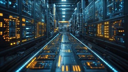 A futuristic industrial technology concept explores robotic process automation, smart factory controls, and digital transformation through AI and 5G.