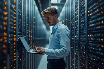 Network Engineer Working in a Server Room