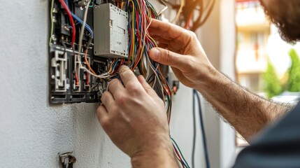 Electrician installing wiring and connecting the wires in residential building