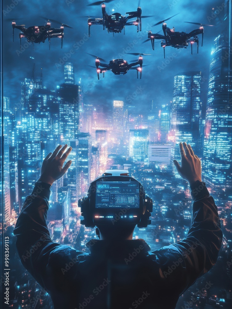 Aufkleber the skilled pilot directs advanced drones using a touchpad in a modern control center amidst a glowi