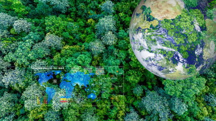 Aerial view of nature green forest and tree. Forest ecosystem and health concept and background, texture of green forest from above.Nature conservation concept. Global warming save earth. 
