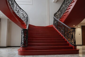 The staircase is red and has a black railing