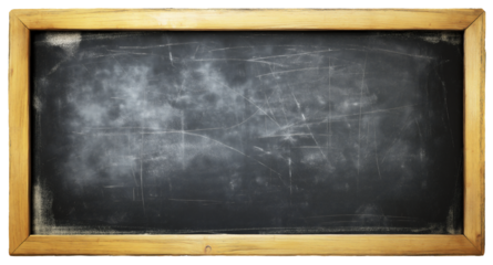 A chalkboard isolated on a transparent background, wooden frame, vintage style, flat lay.