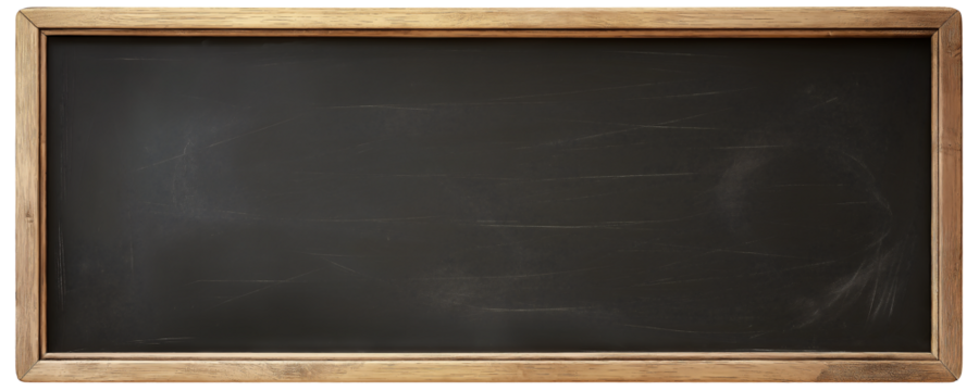 A chalkboard isolated on a transparent background, wooden frame, vintage style, flat lay.
