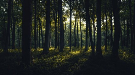 forest with a striking contrast of dark, dense trees and a bright, clear sky.