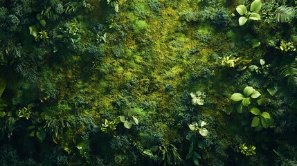 Verdant moss backdrop with bird's-eye perspective, boasting an expanse for personalization. Embracing biophilia, this organic tableau evokes untamed nature, inviting contemplation and tranquility. 