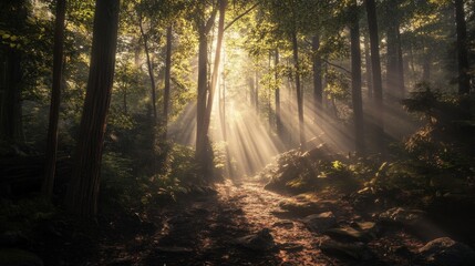 Obraz premium forest with sunbeams piercing through the canopy, illuminating patches of the forest floor