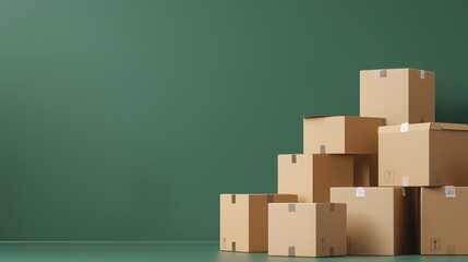 Stacked cardboard boxes against a green wall, ideal for storage, shipping, or organization themes in your projects.
