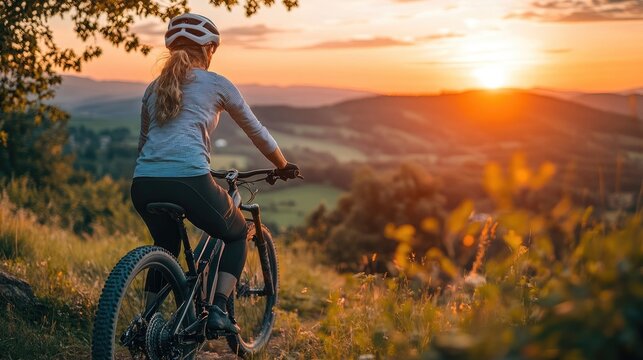 Woman mountain biking at sunset. Perfect for articles on outdoor activities, sports, and adventure.