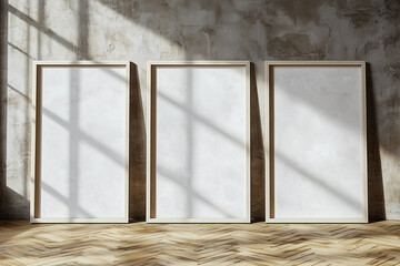 Empty Frames on a Concrete Wall with Sunlight and Shadow