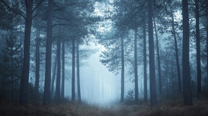 misty pine forest at dawn.