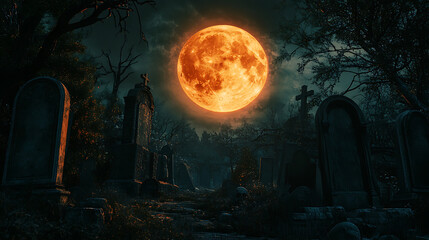 Eerie graveyard under a glowing full moon, creating a haunting atmosphere.