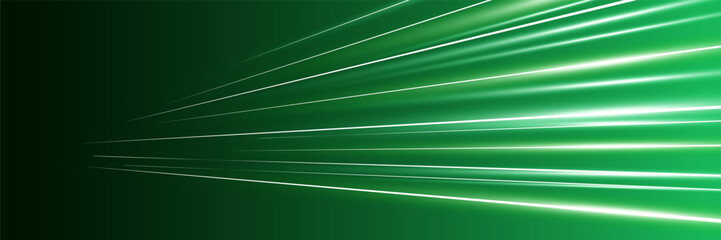 Motion luminous linear trails horizontal banner. High speed bright green glowing rays. Abstract long time exposure motion blur dynamic effect. Fast zoom light flash stripes. Perspective movement. Eps © Azat Valeev