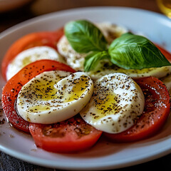 A plate of sliced hard-boiled eggs and fresh tomatoes, drizzled with olive oil and sprinkled with black pepper, garnished with basil leaves, creating a simple and healthy dish