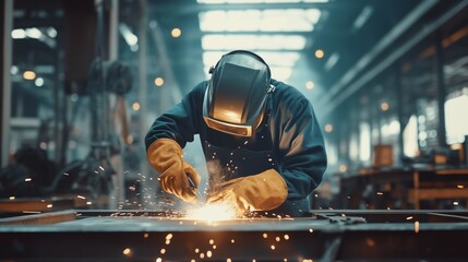 A welder works diligently in a bustling industrial workshop, creating metal pieces during daytime while sparks fly around
