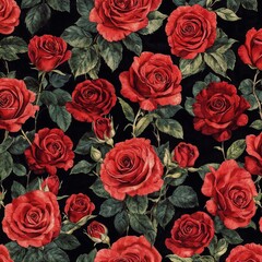 Obraz premium Red roses pattern on black background in floral design with copy space