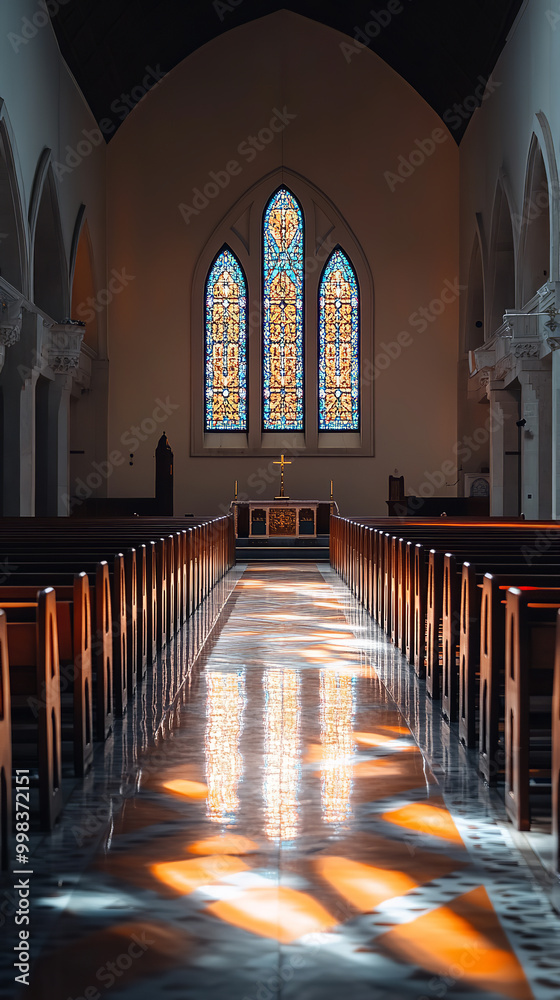 Poster Tranquil Synagogue Aisle Lit by Stained Glass During Yom Kippur  