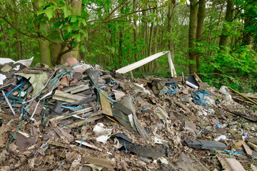 Abandoned Debris Piles up in Lush Forest, Showcasing  Impact of Neglect on Nature’s Beauty