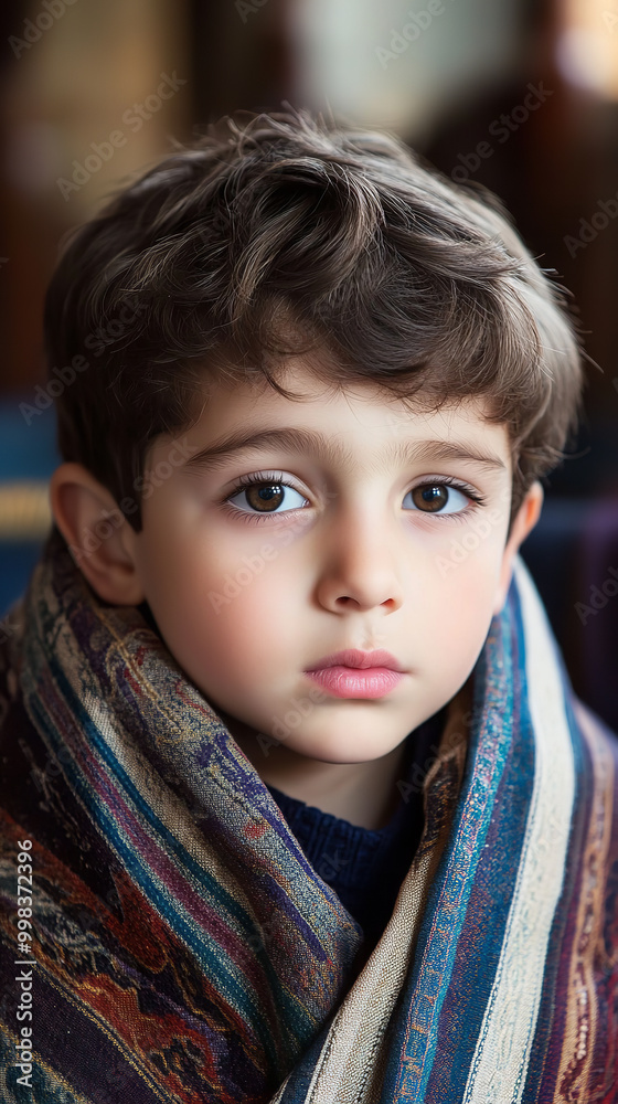 Wall mural Young Boy in Prayer Shawl Reflecting During Yom Kippur Service  